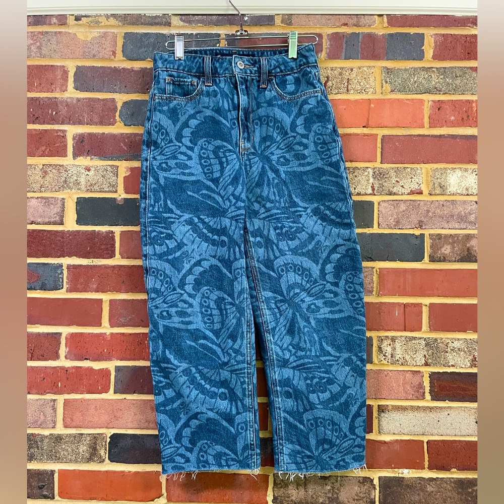 High-Rise Dark Wash Butterfly print barrel jeans